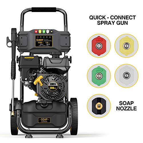 3200PSI Gas Pressure Washer, 2.4GPM 209CC Power Washer, 25FT Hose&Soap Container, 5 Adjustable Nozzles, Cleaning for Driveway/Concrete/Vinyl Fencing, CARB&EPA CERT…