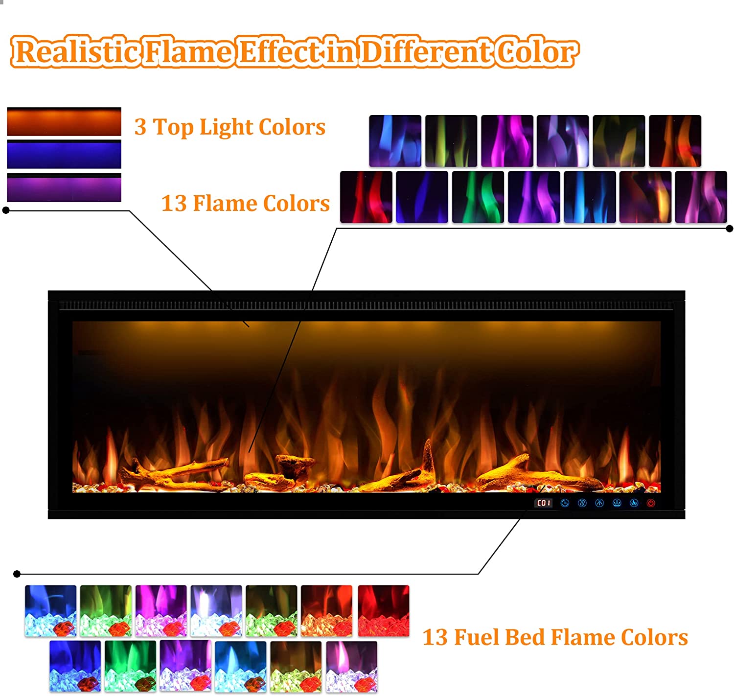 Benrocks BI50Z 50 in. 750/1500W Recessed and Wall Mounted Log and Crystals Fireplace with Remote and App Control Black New