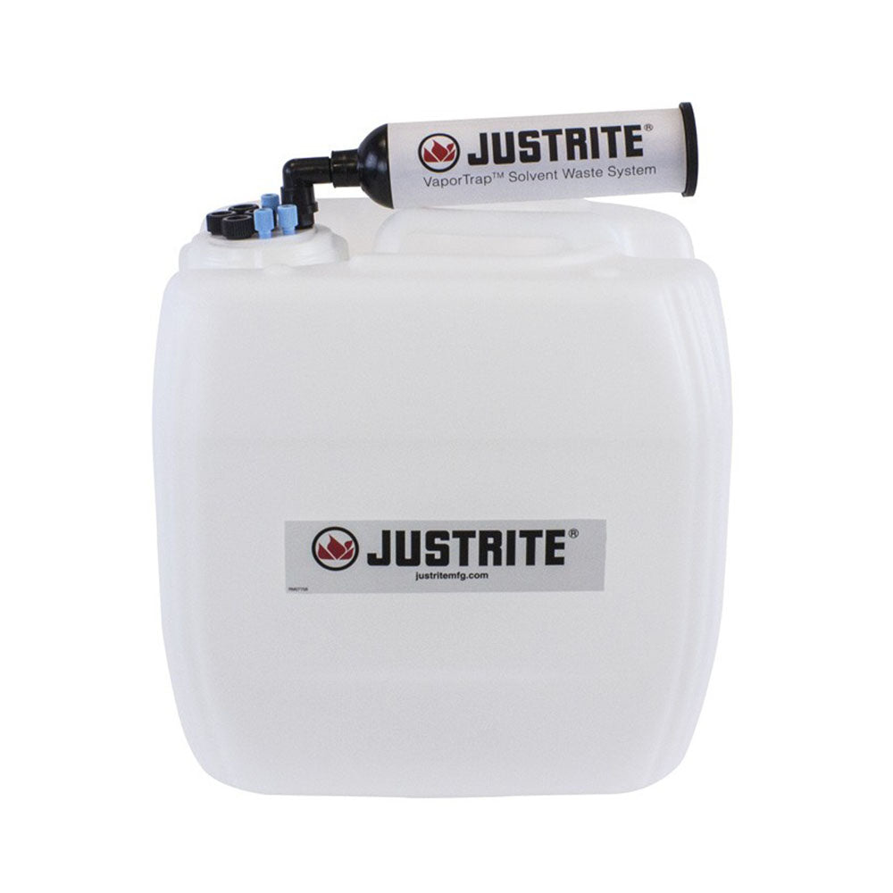 Justrite VaporTrap™ UN/DOT Carboy with Filter Kit, 13.5L HDPE, 70mm Cap, 4 Ports 1/8'' OD Tubing, 4 Ports 1/4