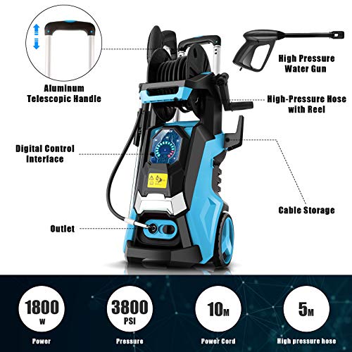 TEANDE Electric Pressure Washer 3800 PSI Smart High Pressure Power Washer 2.8 GPM 1800W Powerful Cleaner Machine with Hose Reel, 4 Nozzles, Touch Screen 3 Gear Level,15 Level Pressure(Blue)