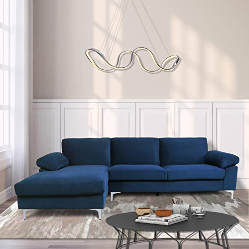 Jeerbly Velvet Sectional Couch, Modern Large Left Hand Facing Chaise Recliner L-Shaped Sectional Sofa with Metal Legs 2-seat Couches for Family Living Room (Navy Blue)