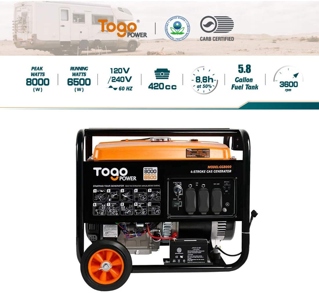 Togo Power GG8000 6500W/8000W Electric Start 420cc Portable Gas Generator New
