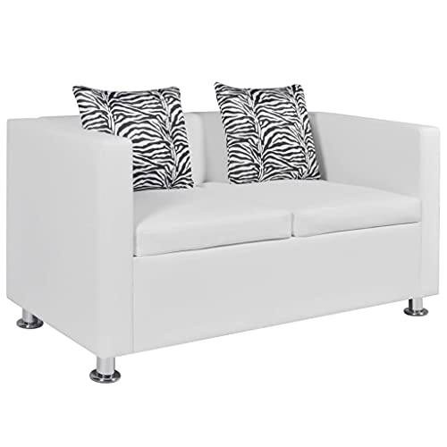 Living Room Furniture Set Cube Armchair and Loveseat Sofa Couches, Modern Faux Leather Upholstery and Wooden Frame Sofa Set, White