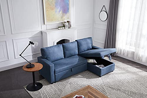 MAFOROB Sectional Sofa with Pull Out Sleeper Bed, Reversible L-Shaped Couch with Storage Chaise for Living Room Apartment, 85 inch, Nave Blue