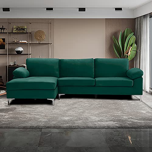 STARTO Upholstered Modern Sectional Sofa Furniture Set for Living Room Velvet L Shaped Chaise 3 Seat Sofá Corner Couch with Metal Leg Left Hand Facing, Green