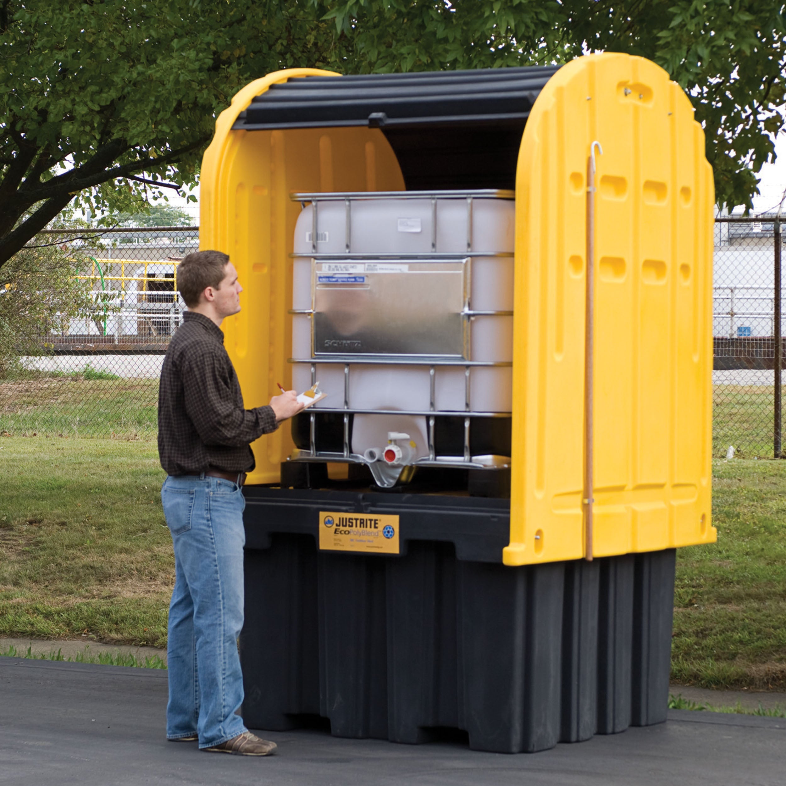 Justrite EcoPolyBlend™ IBC Outdoor Shed with Pallet, Forklift Pockets, Rolltop Doors, Recycled Polyethylene