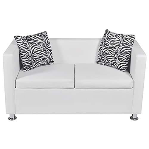 Living Room Furniture Set Cube Armchair and Loveseat Sofa Couches, Modern Faux Leather Upholstery and Wooden Frame Sofa Set, White
