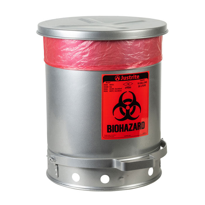 Justrite Biohazard Waste Can, 10 Gallon, Foot-Operated Self-Closing SoundGard™ Cover, Silver