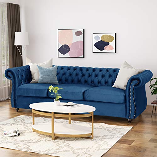 Christopher Knight Home Vita Tufted Microfiber Sofa with Scroll Arms, Navy Blue, Dark Brown