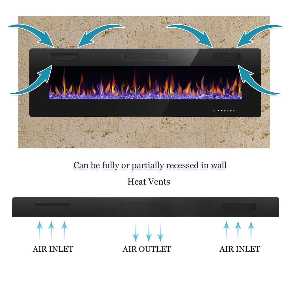 RW Flame 850C 750W-1500W 50 Inch Recessed and Wall Mounted Electric Fireplace With Remote Control Black New