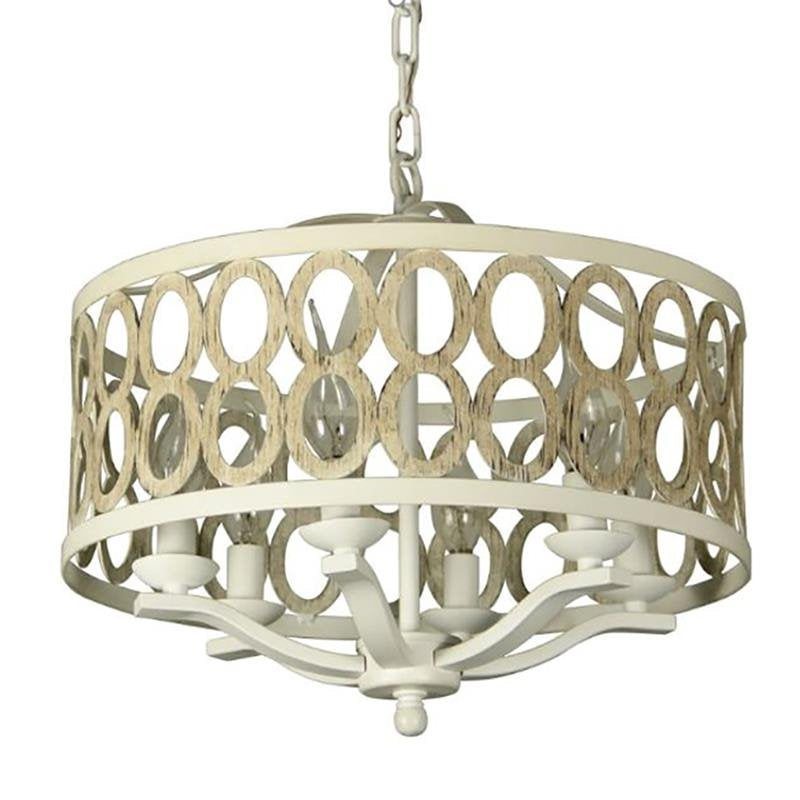 6-Light Drum Chandelier Stainless Steel Frame in Wood-Brushed Beige