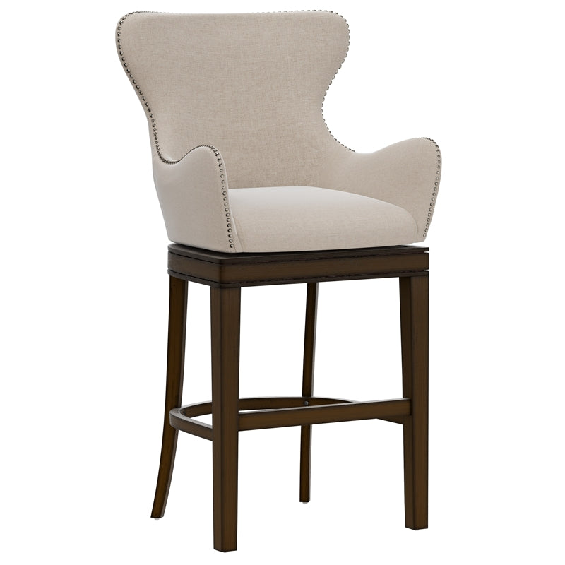 Memory Return Swivel Wood Bar Height Stool in Cream Fabric