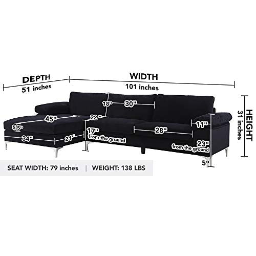 Casa Andrea Milano llc Modern Large Velvet Fabric Sectional Sofa, L-Shape Couch with Extra Wide Chaise Lounge, Jet Black