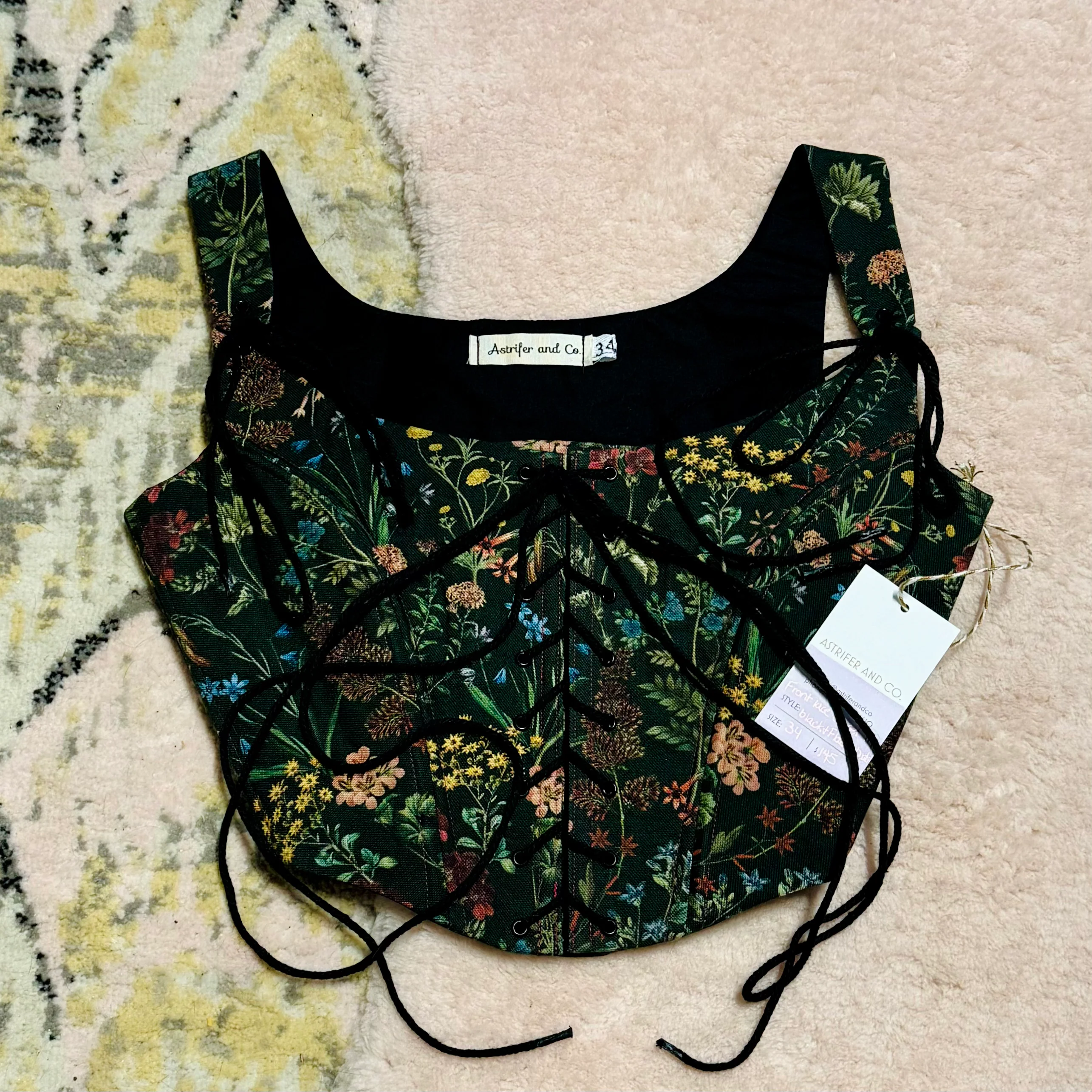 Front Lace Corset in Black and Floral Sprigs