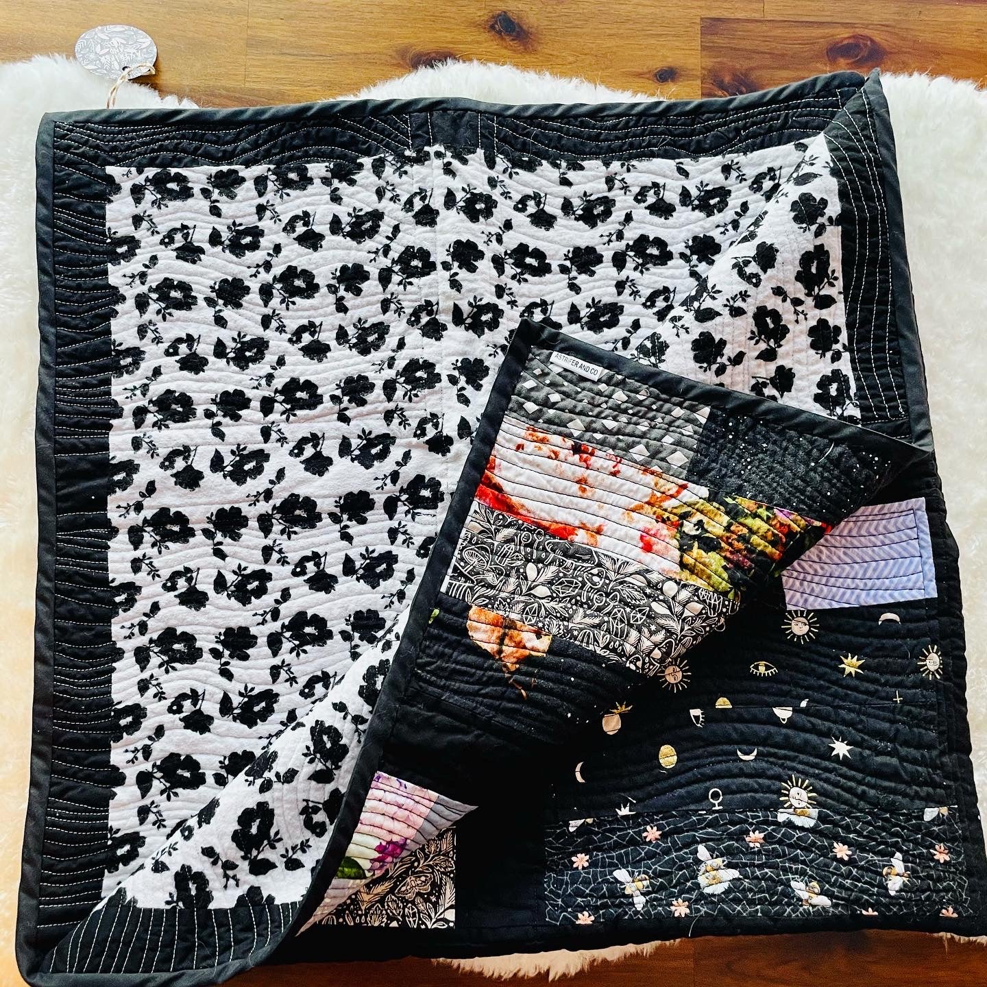 Quilt in Black, Blue, Violet and Grey.