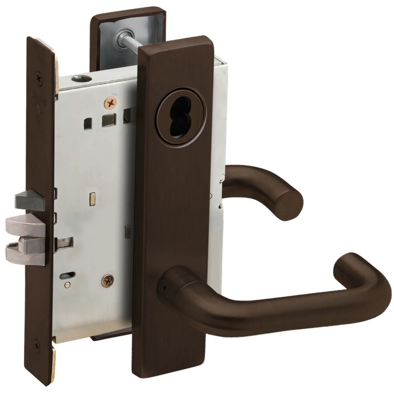 Schlage L9080J 03L 613 Grade 1 Storeroom Mortise Lock Schlage FSIC Less Core 03 Lever L Escutcheon Dark Oxidized Satin Bronze Oil Rubbed Finish Field Reversible