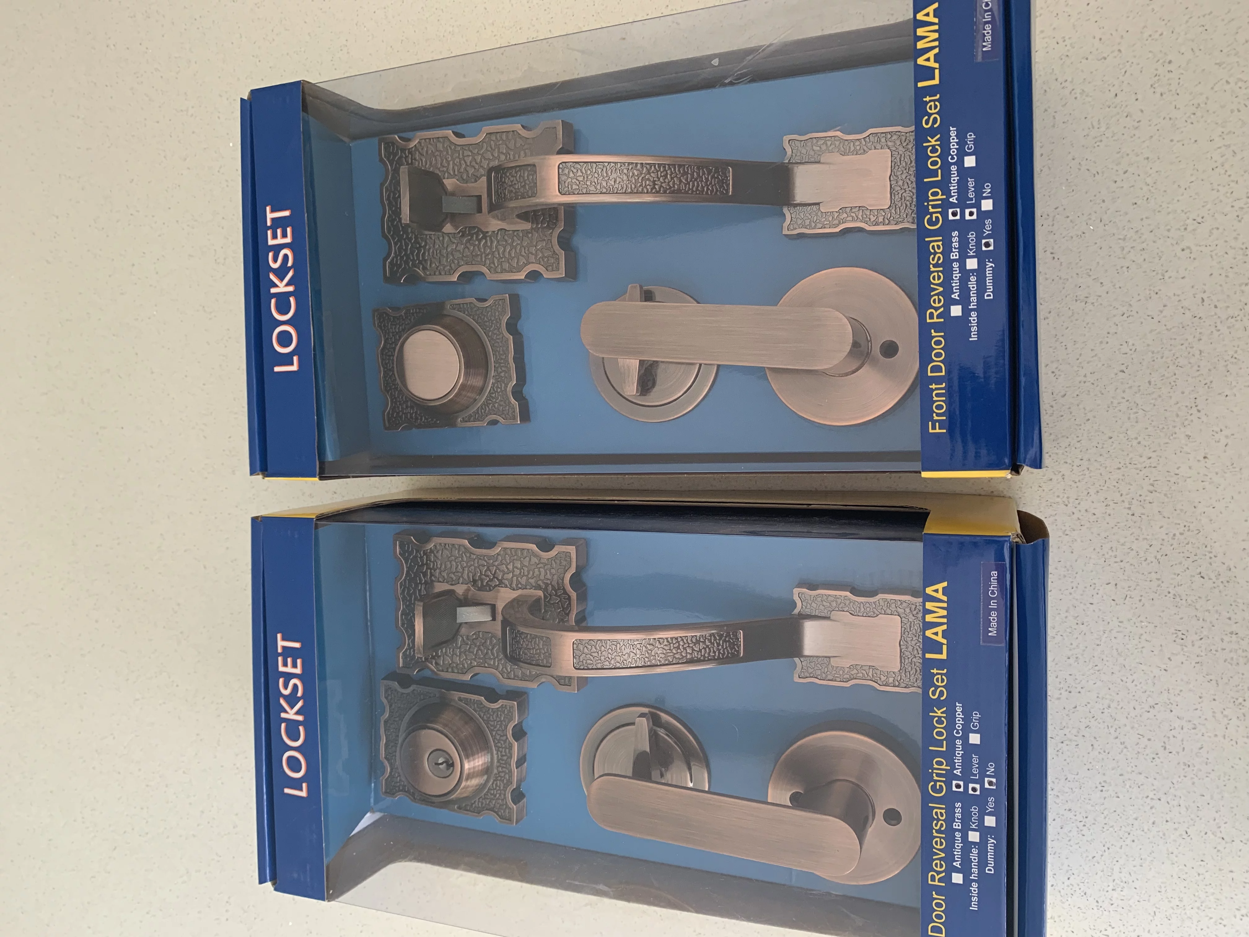 LOCKSET Reversal Front Double Door Hardware Set LAMA, Grip Entry Door Lock Set with Lever Handle and deadbolt, Antique Copper