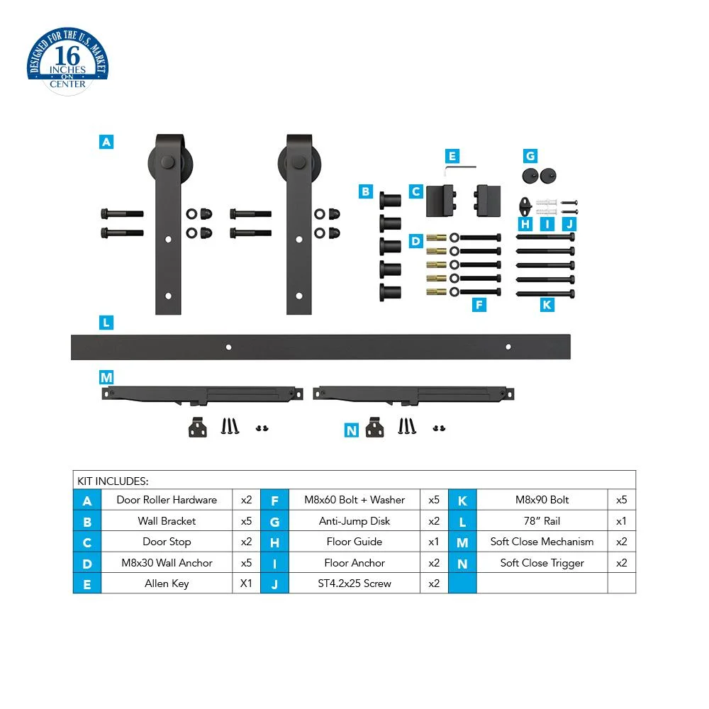 Architectural Products by Outwater 6.5 Ft Barn Door Soft Close Espresso Solid Steel Sliding Rolling Barn Door Hardware Kit for Single Wood Doors