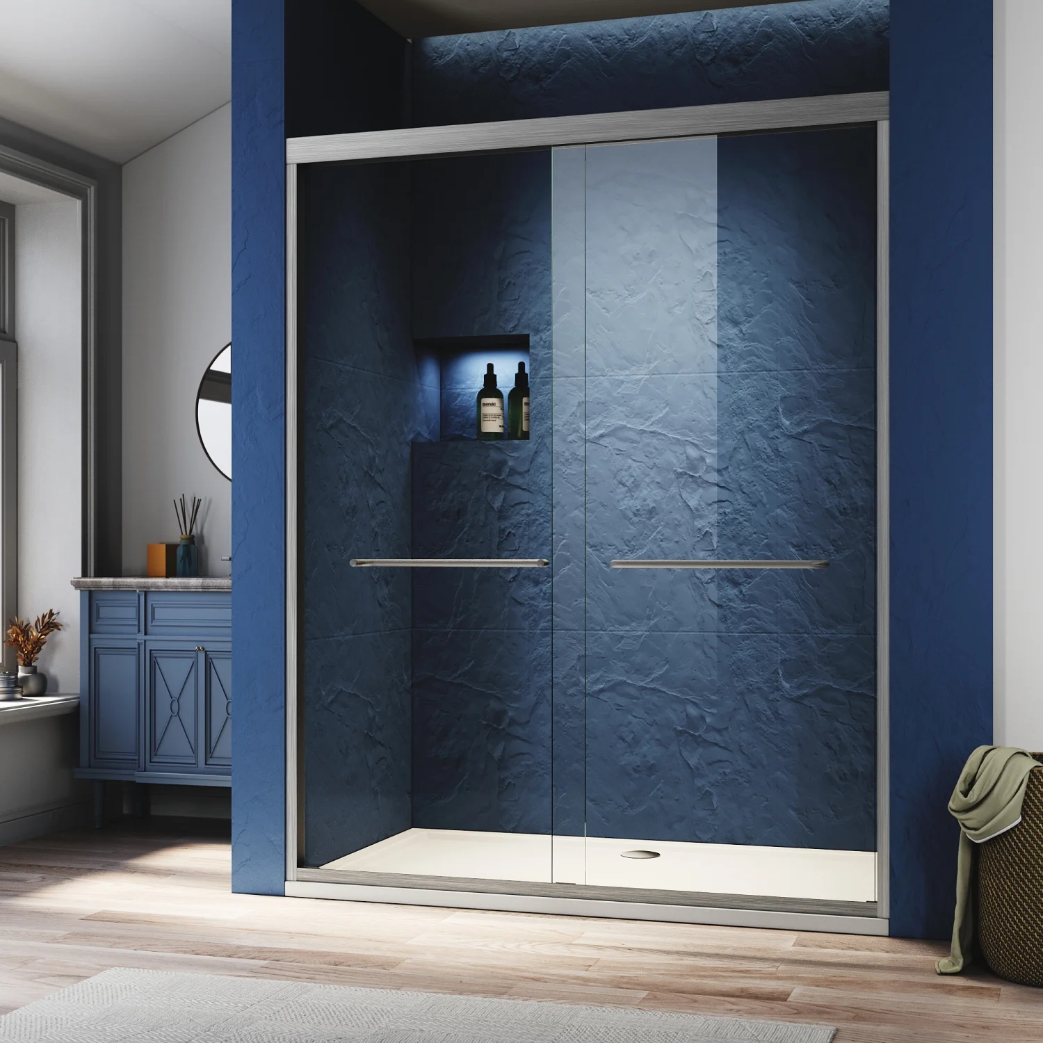 Sliding Shower Glass Door 56-60 in. W x 72 in. H  Adjustable Semi Frameless Shower Door  Certified Thick Clear Clear Tempered Glass  304 Stainless Steel Handles  Brushed Nickel