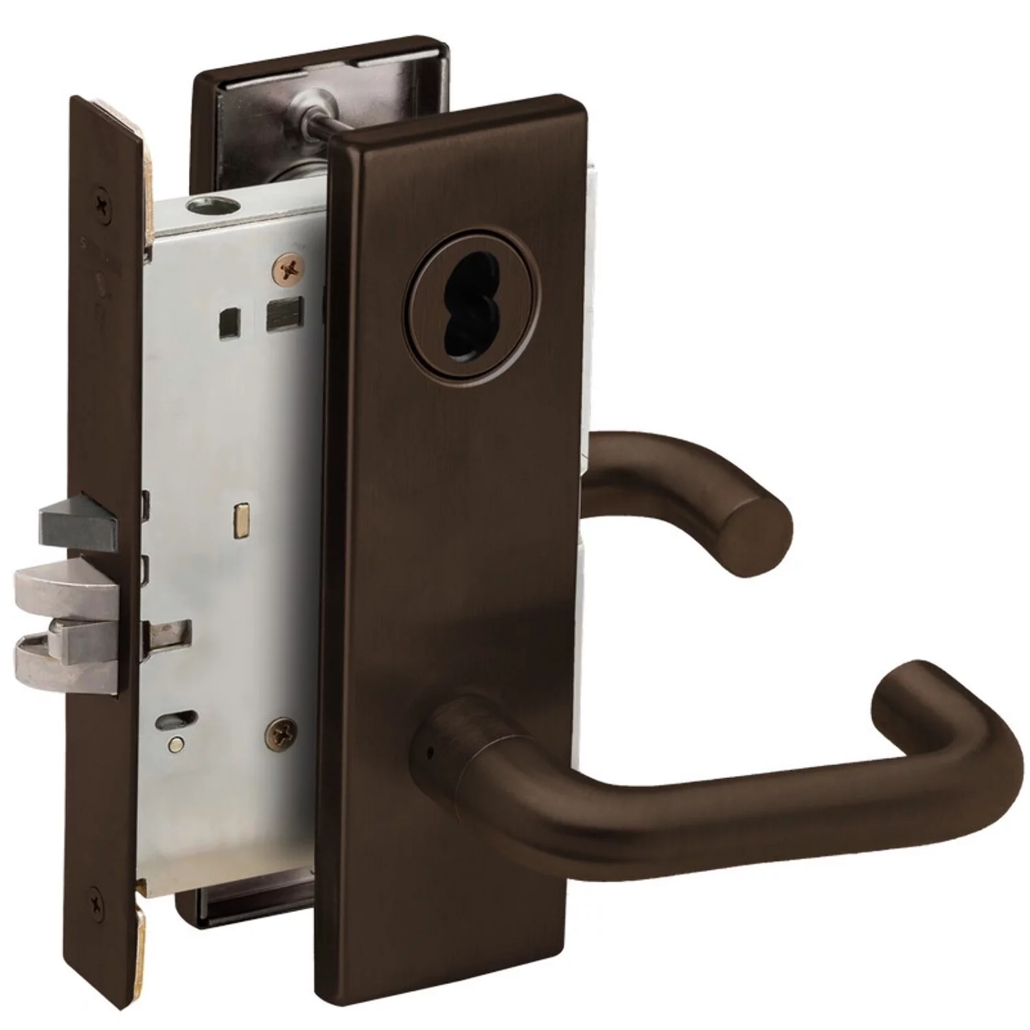 Schlage L9050J 03N 613 Grade 1 Entrance Office Mortise Lock Schlage FSIC Less Core 03 Lever N Escutcheon Dark Oxidized Satin Bronze Oil Rubbed Finish Field Reversible