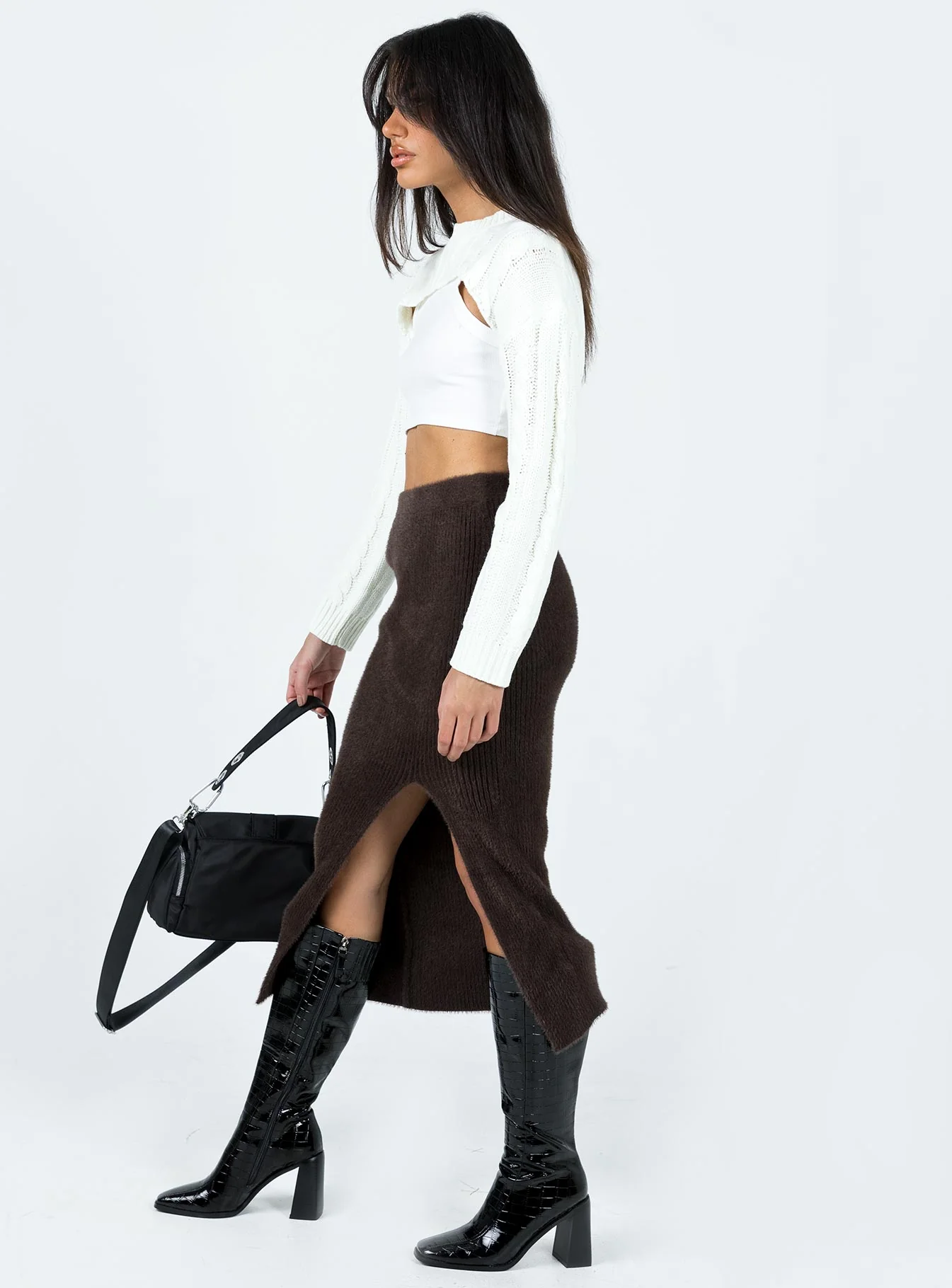 Ella Brooke Knit Midi Skirt Brown