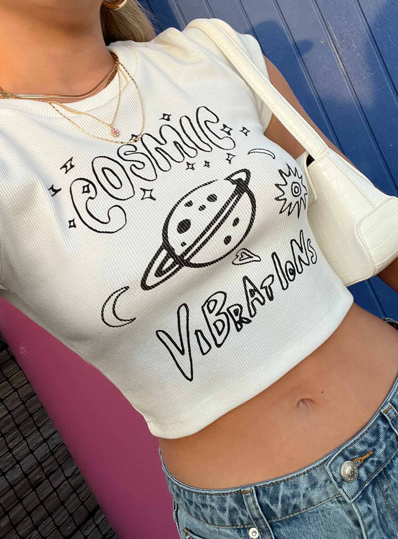 Cosmic Vibrations Cropped Tee White